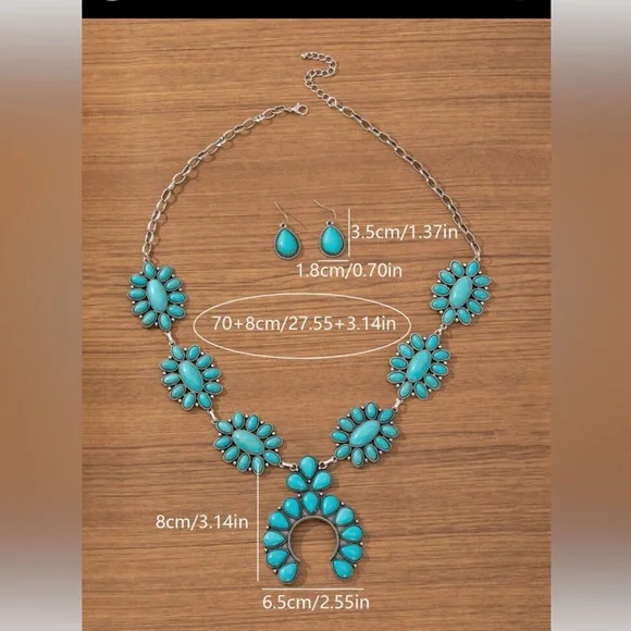 New Faux Turquoise Floral Squash Blossom Western Boho Necklace and Earring Set - Picture 5 of 10